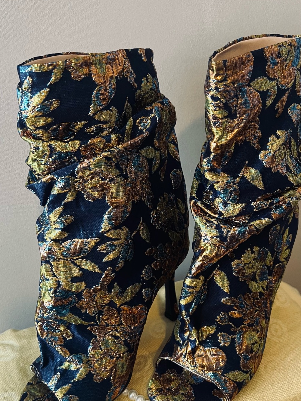 AKIRA Navy Floral Embroidered Slouch Peep-Toe Stiletto Boot - Picture 3 of 8